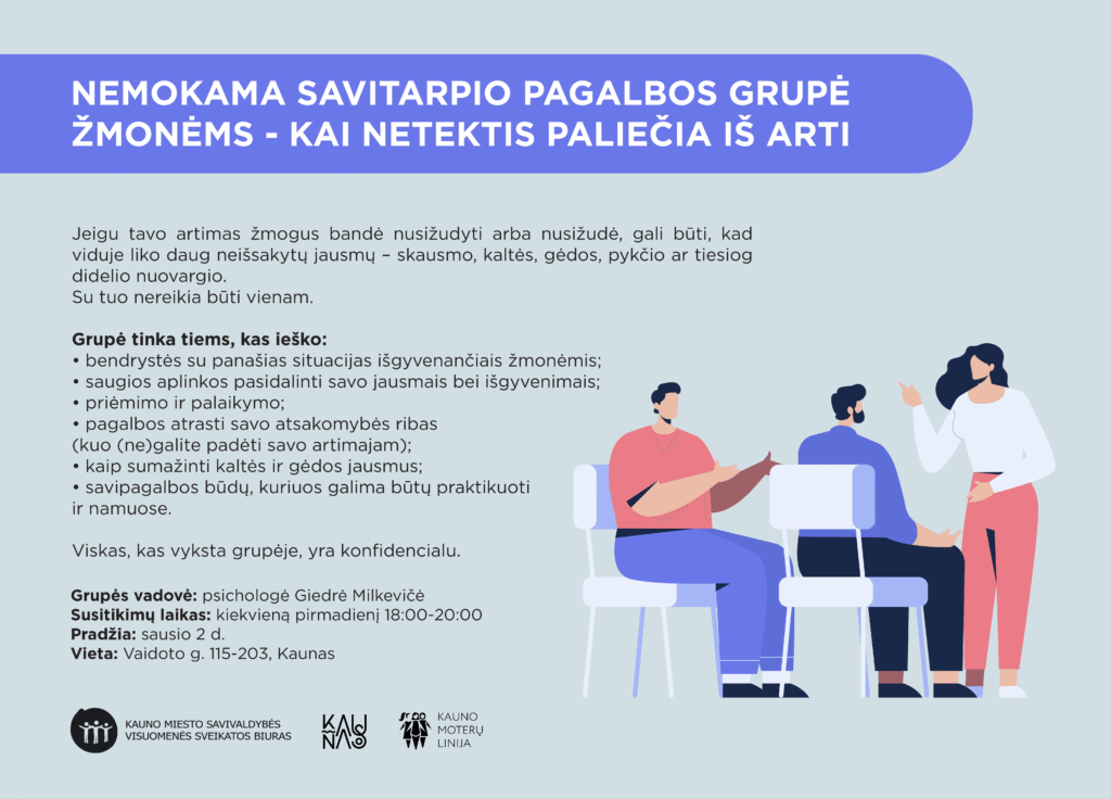 NEMOKAMA SAVITARPIO PAGALBOS GRUPĖ ŽMONĖMS – KAI NETEKTIS PALIEČIA IŠ ARTI